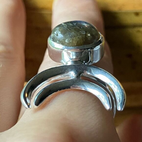 Natural Labradorite Sterling Silver Moon Motif Ring Size 8 - Picture 2 of 9